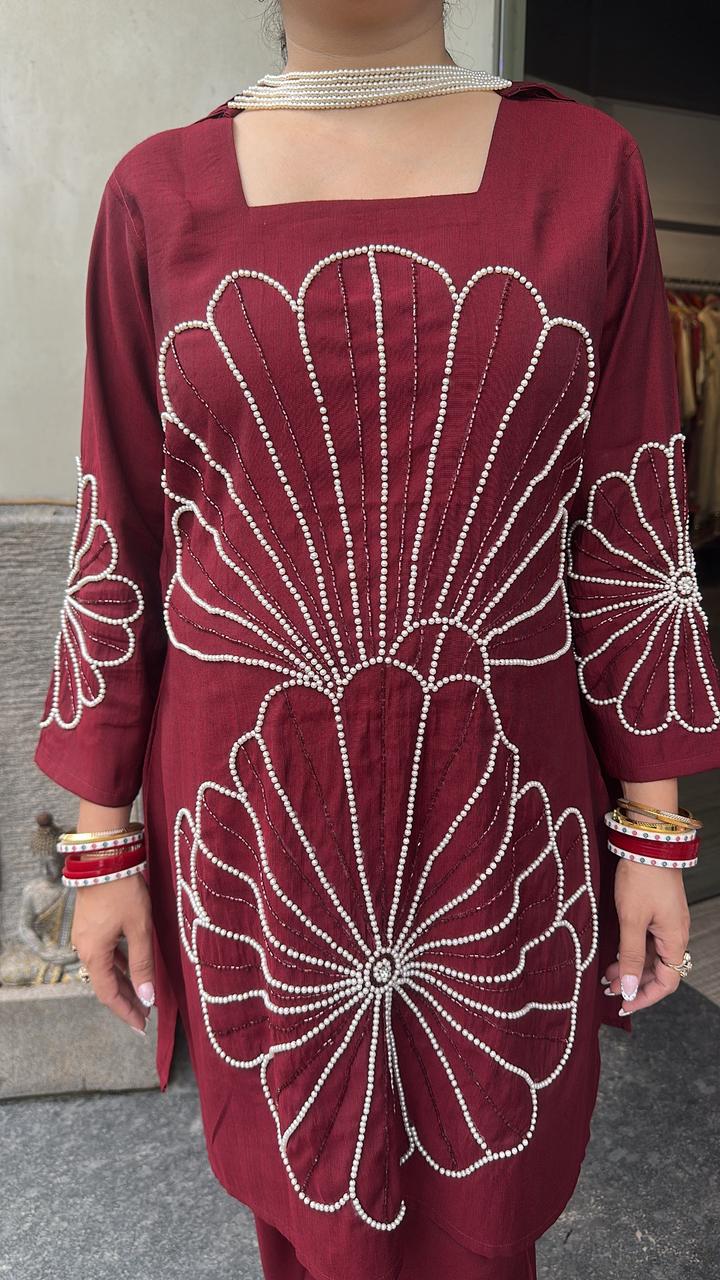 Lucia Mahroon Designer peal Dupatta Suit