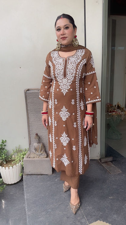 Lucknowi Brown Chikankari A-Line Cotton Suit