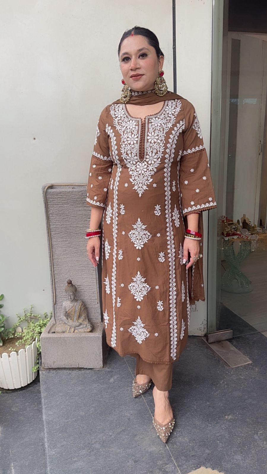 Lucknowi Brown Chikankari A-Line Cotton Suit