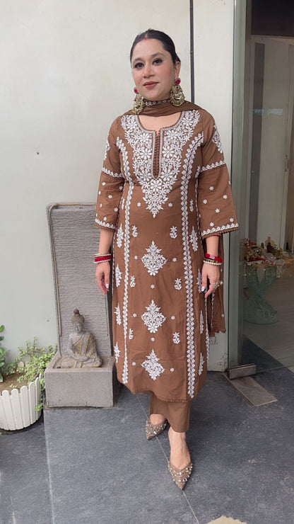 Lucknowi Brown Chikankari A-Line Cotton Suit