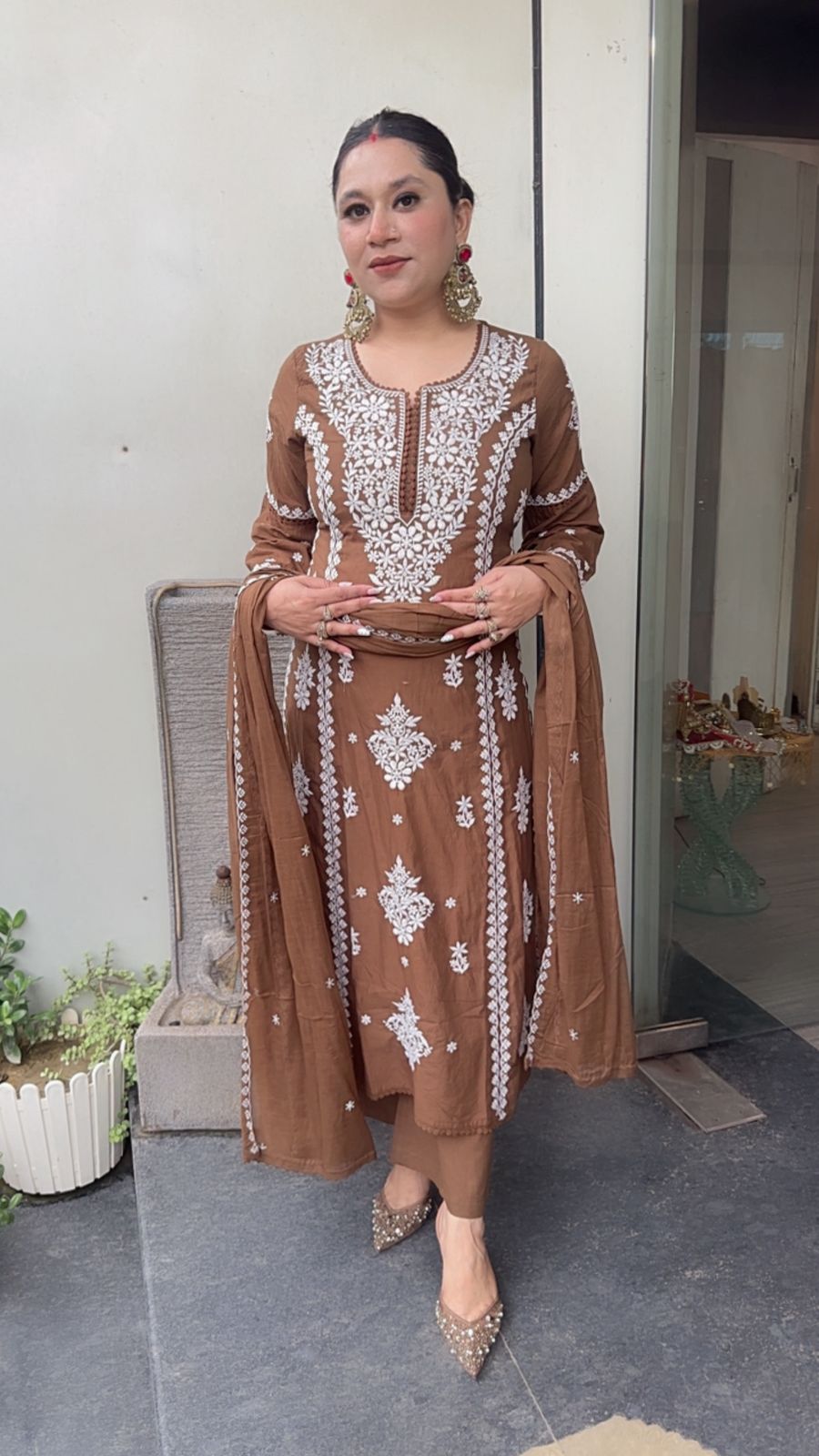 Lucknowi Brown Chikankari A-Line Cotton Suit