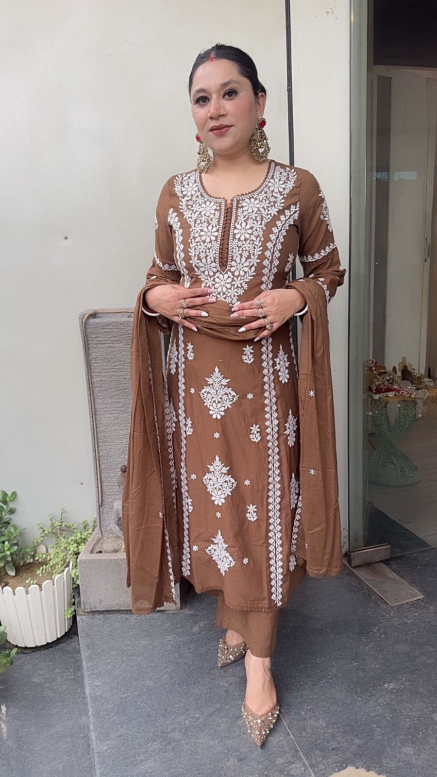 Lucknowi Brown Chikankari A-Line Cotton Suit