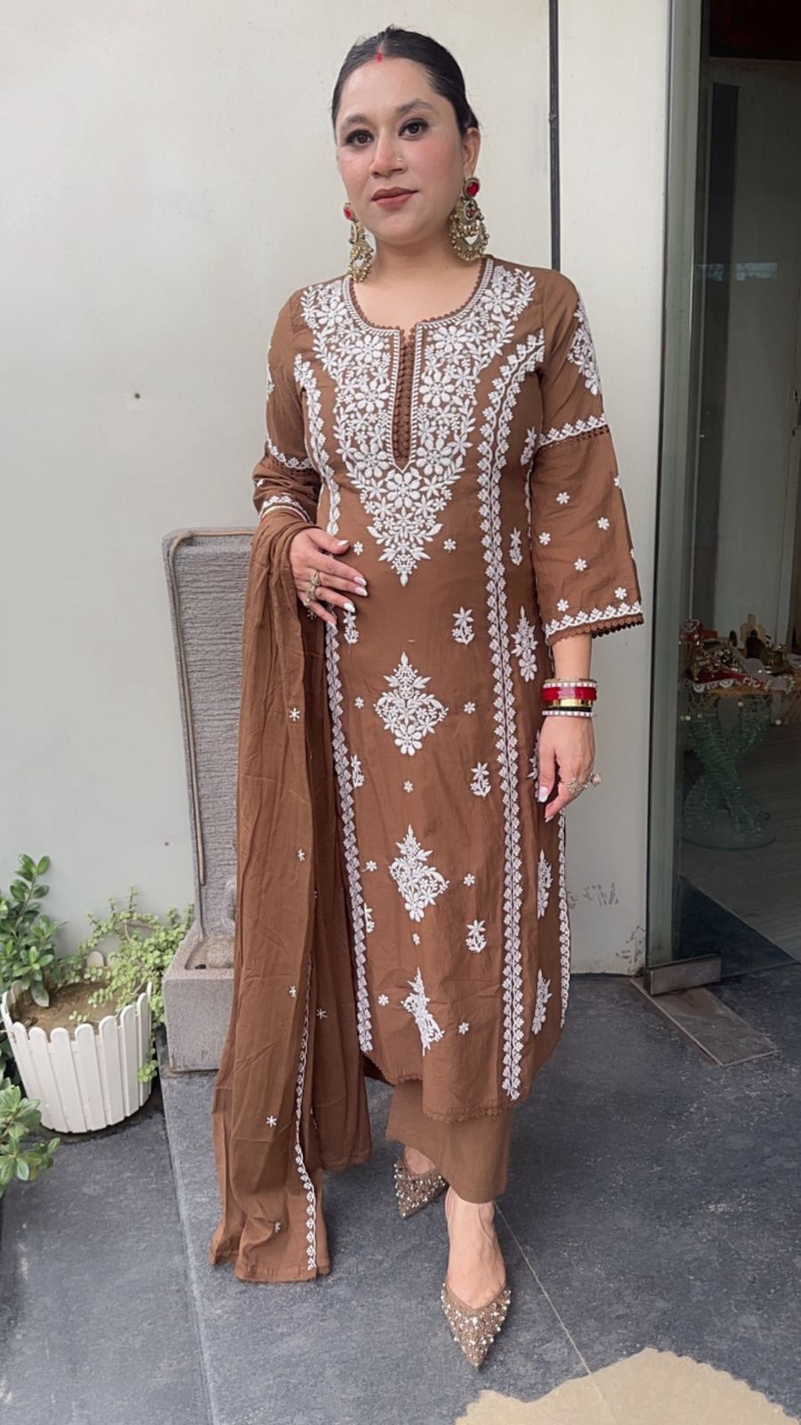 Lucknowi Brown Chikankari A-Line Cotton Suit