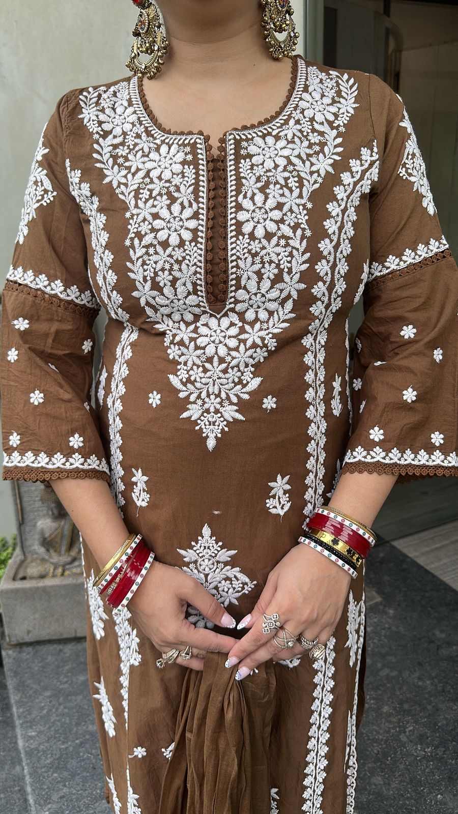 Lucknowi Brown Chikankari A-Line Cotton Suit