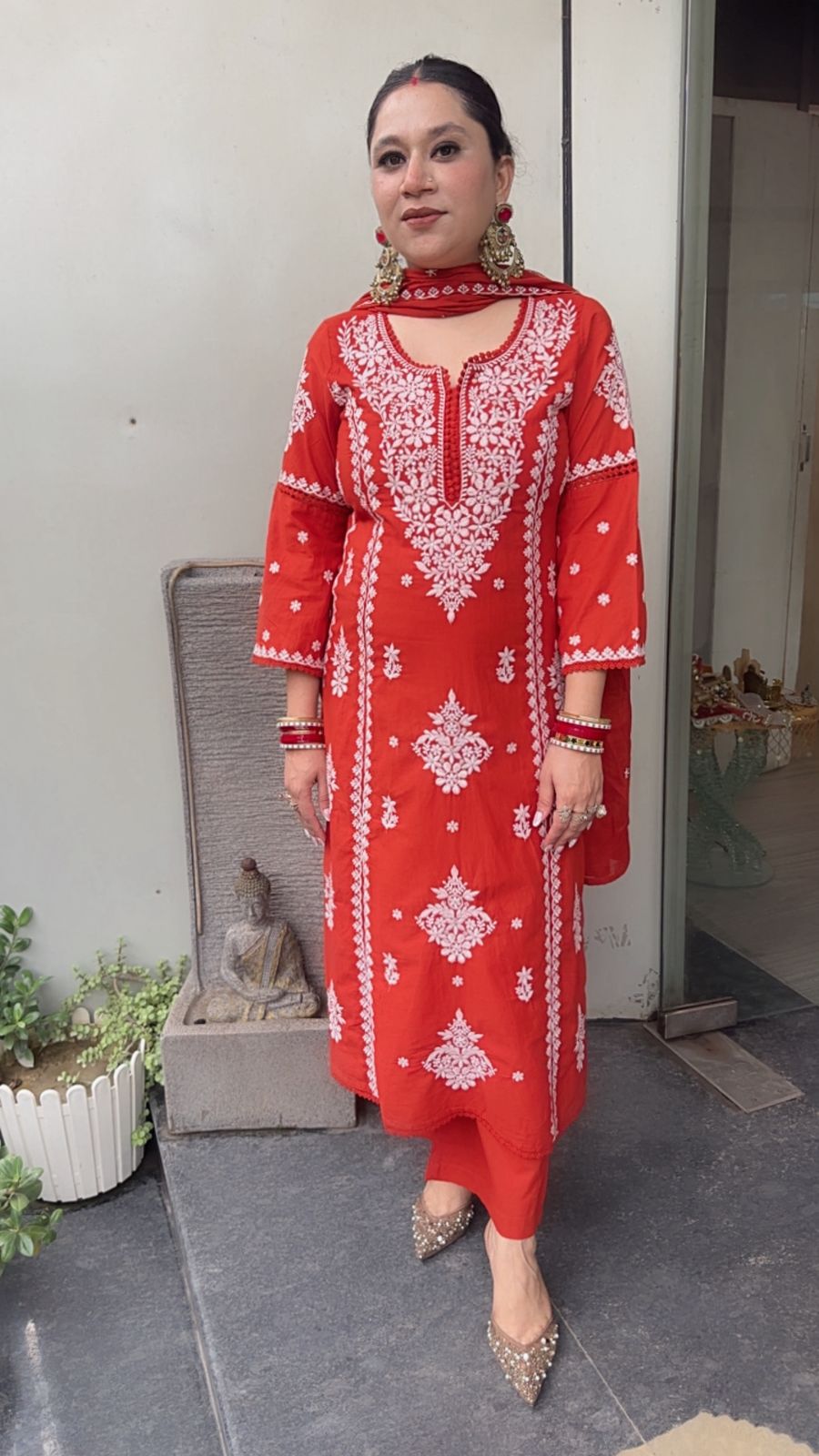Lucknowi Rust Chikankari A-Line Cotton Suit