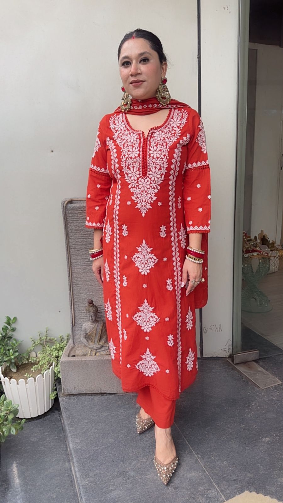 Lucknowi Rust Chikankari A-Line Cotton Suit