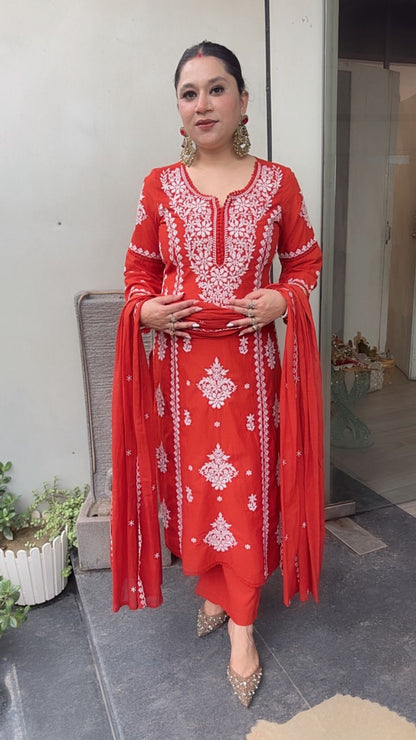 Lucknowi Rust Chikankari A-Line Cotton Suit