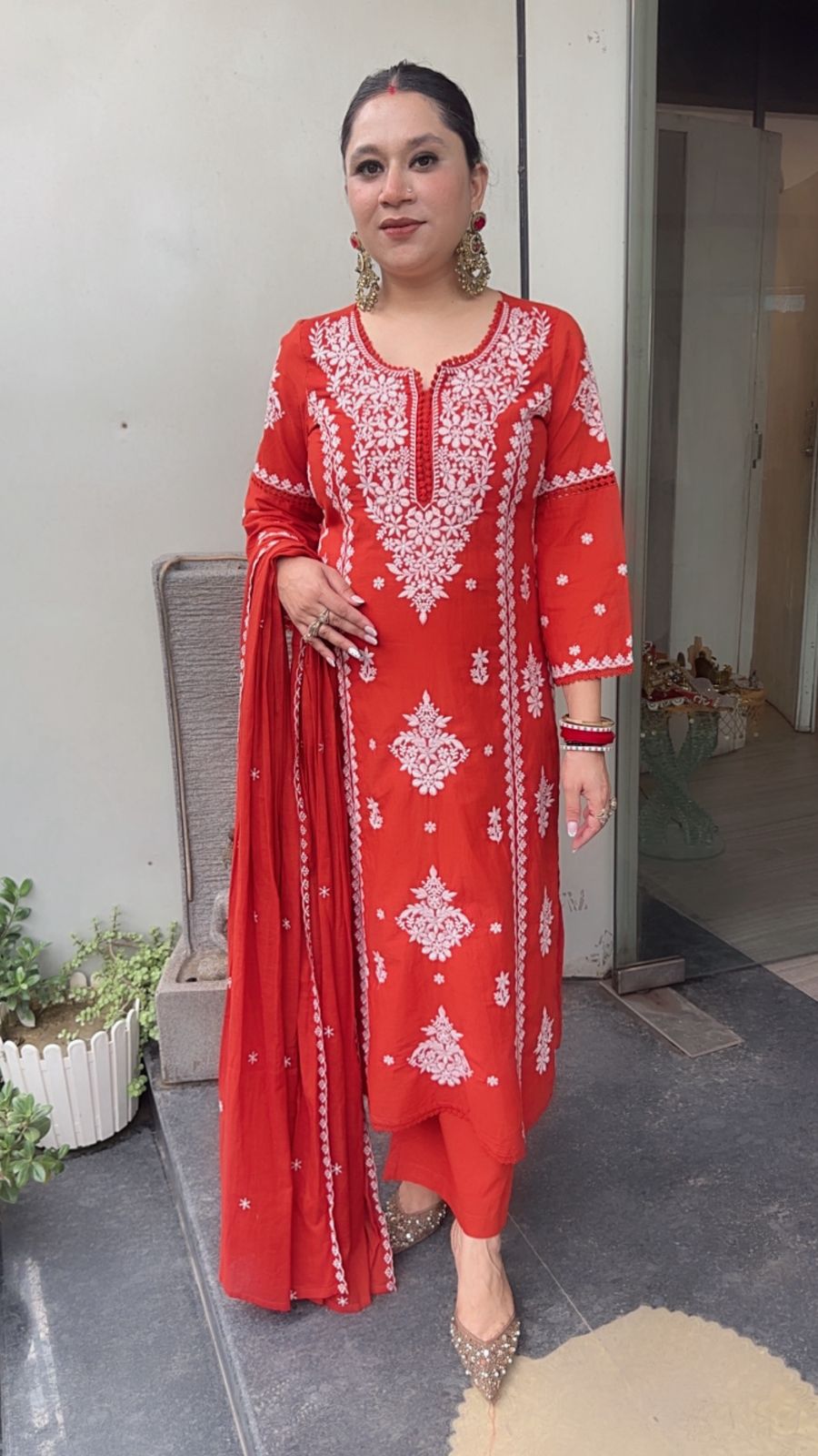 Lucknowi Rust Chikankari A-Line Cotton Suit