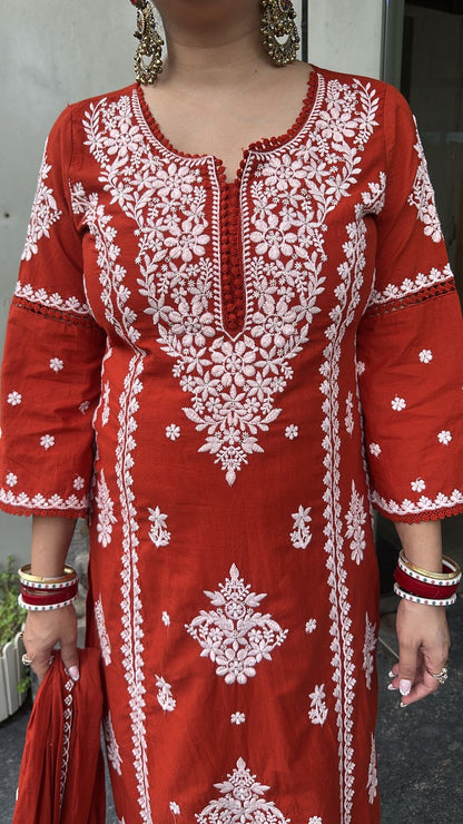 Lucknowi Rust Chikankari A-Line Cotton Suit