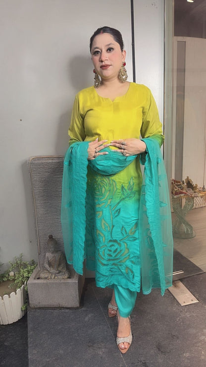 Zamer Blue Yellow Applique work Cotton Designer Suit