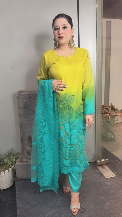 Zamer Blue Yellow Applique work Cotton Designer Suit