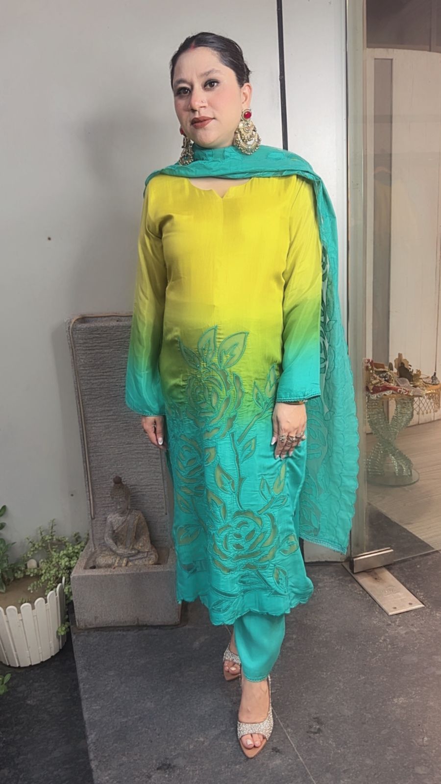 Zamer Blue Yellow Applique work Cotton Designer Suit