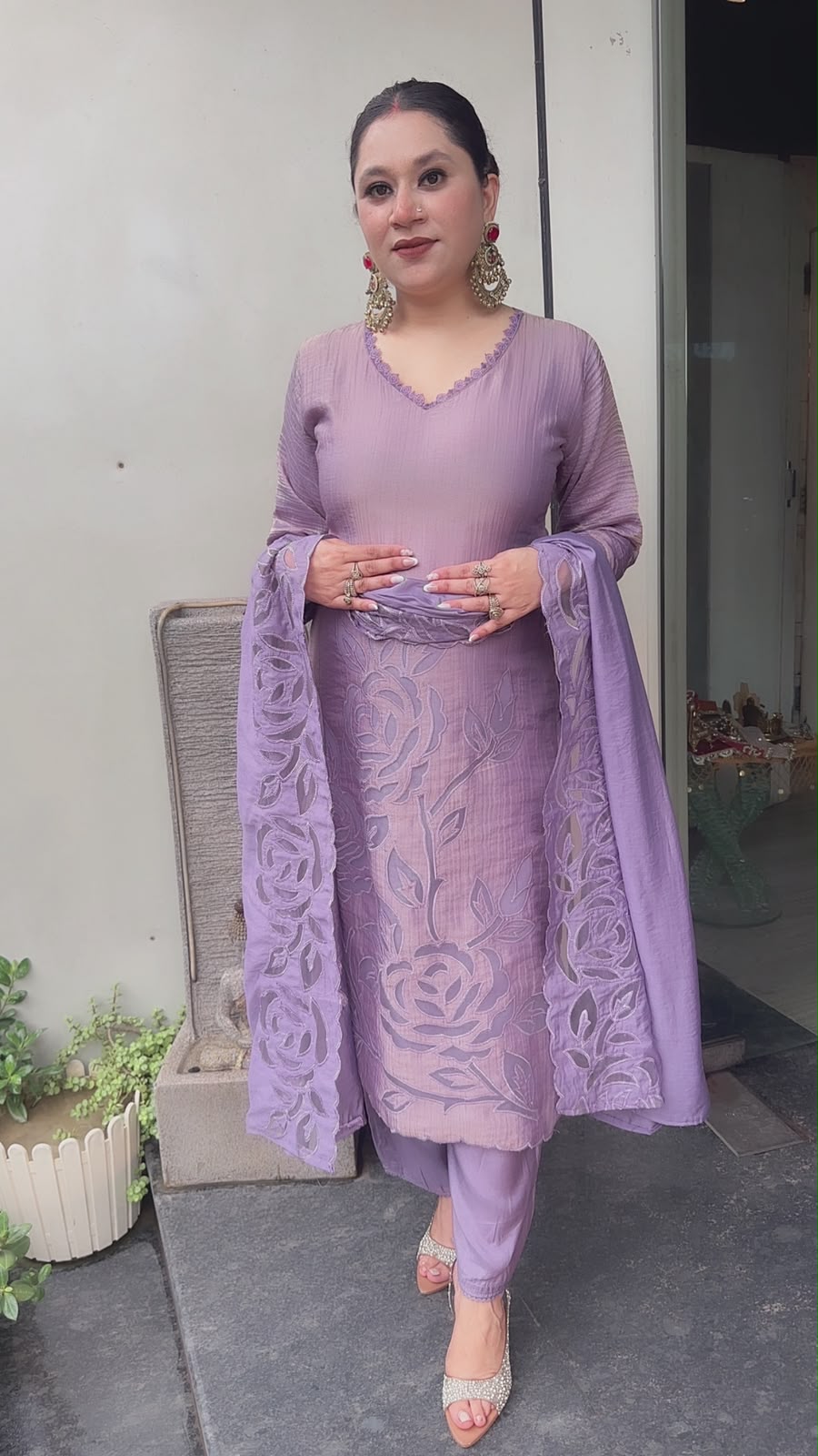 Sajna Lavander Applique work Cotton Designer Suit