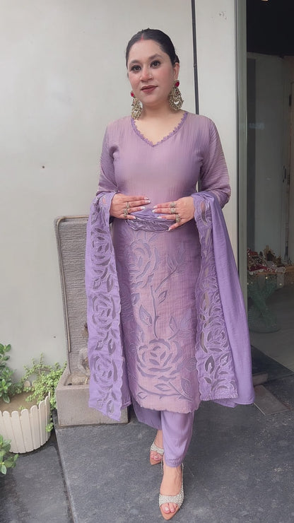 Sajna Lavander Applique work Cotton Designer Suit