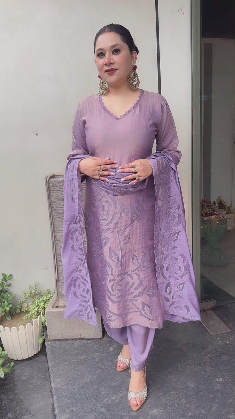 Sajna Lavander Applique work Cotton Designer Suit