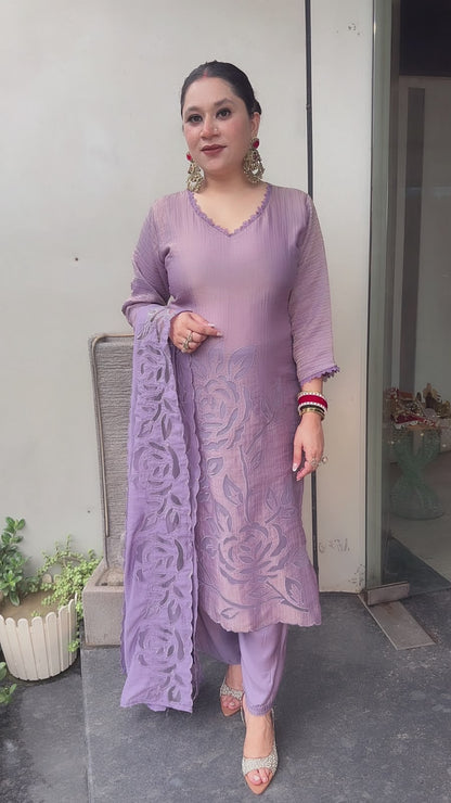 Sajna Lavander Applique work Cotton Designer Suit