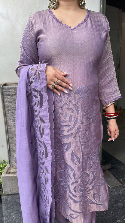 Sajna Lavander Applique work Cotton Designer Suit