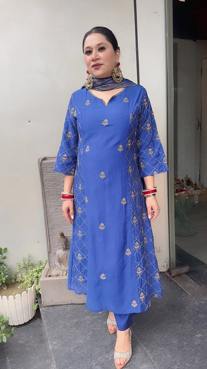 Nizba Electric Blue A-Line Cotton Designer Suit