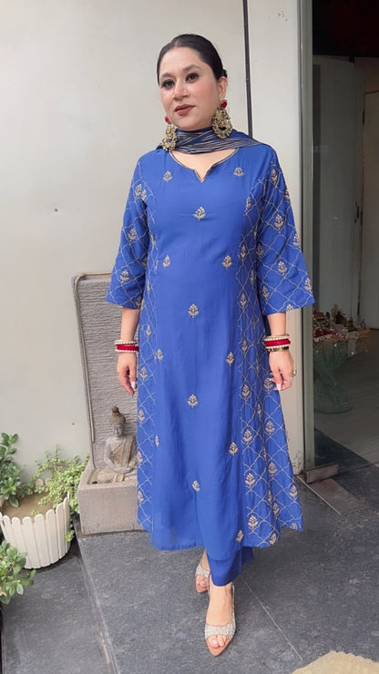 Nizba Electric Blue A-Line Cotton Designer Suit