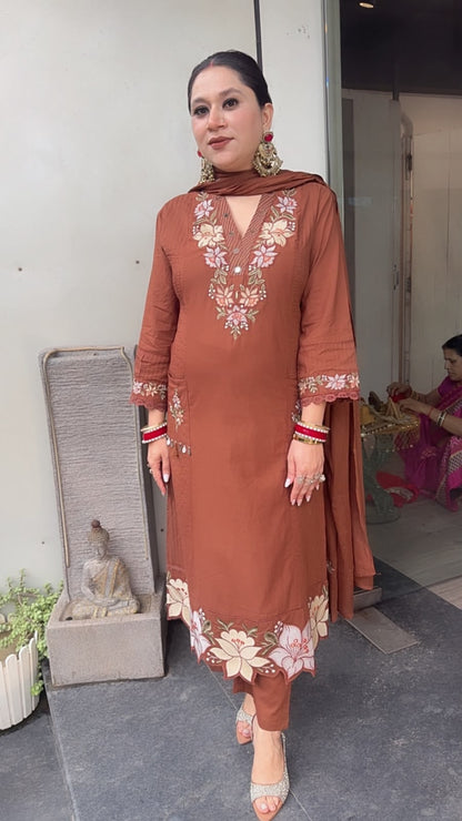 Naari Brown Cotton Designer Suit