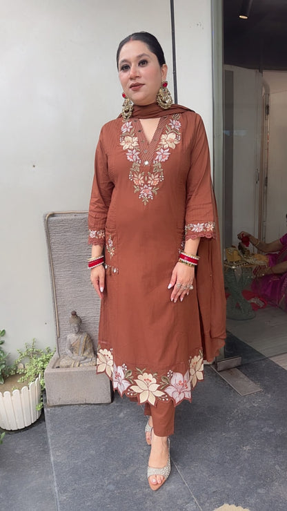 Naari Brown Cotton Designer Suit