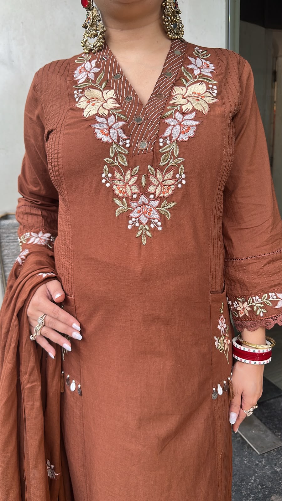 Naari Brown Cotton Designer Suit