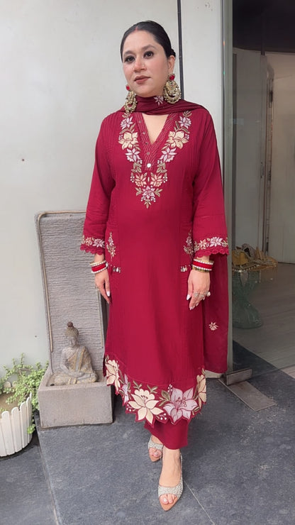 Naari Mahroon Cotton Designer Suit