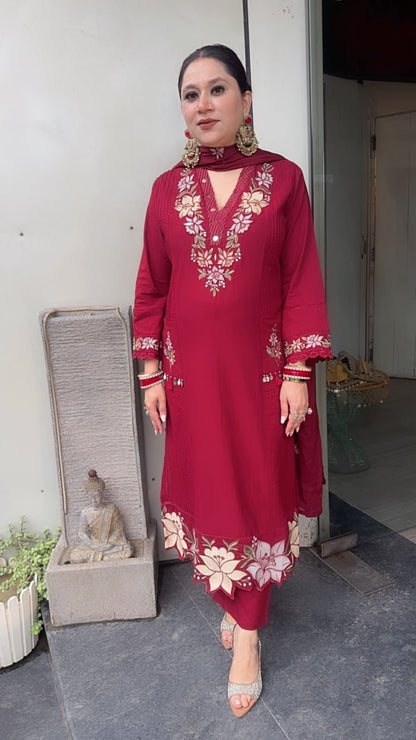 Naari Mahroon Cotton Designer Suit