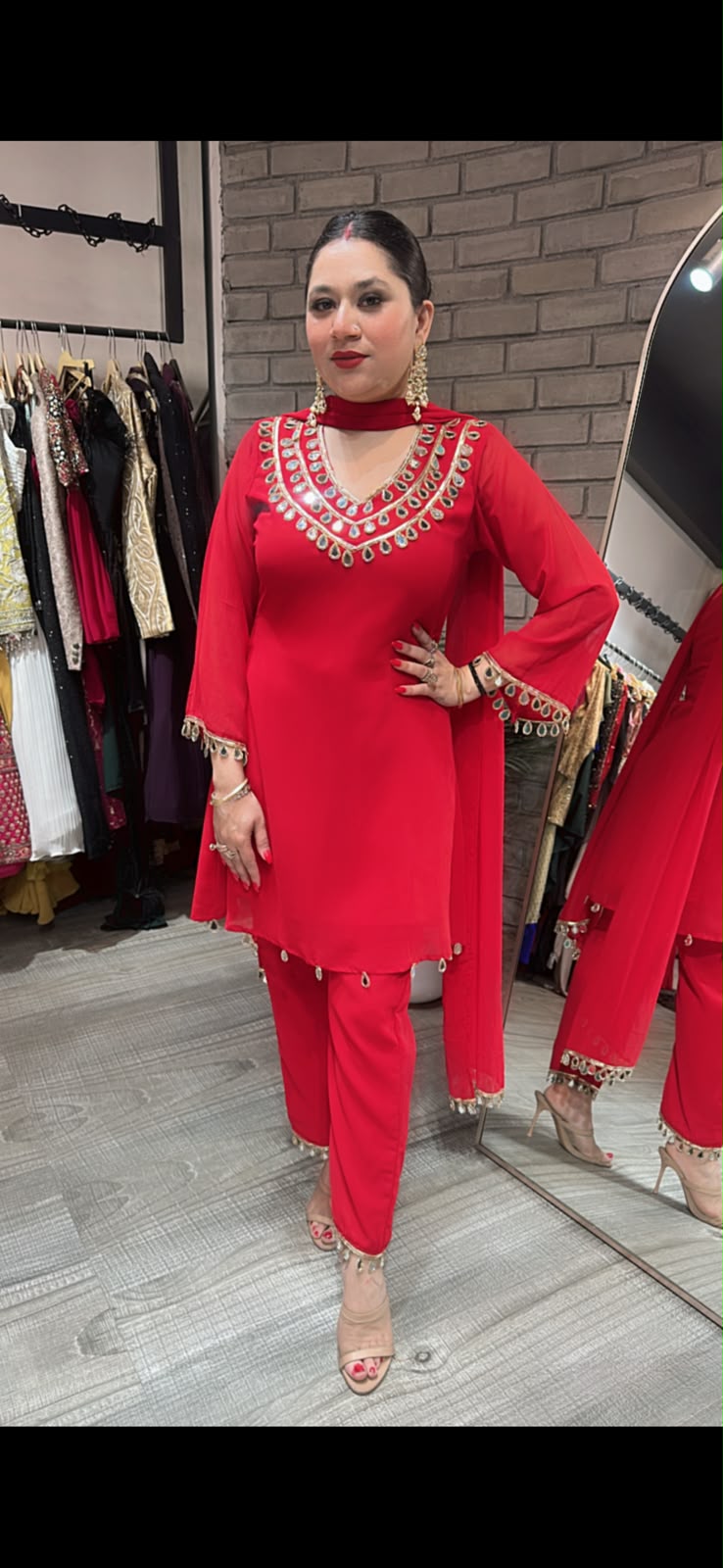 Chooda Red Mirror work Designer Suit