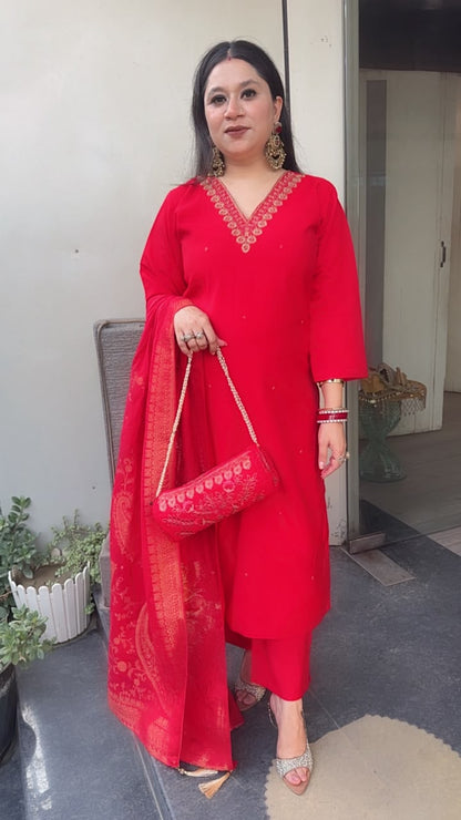 Pooja Red potli Designer Suit