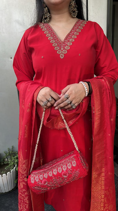 Pooja Red potli Designer Suit