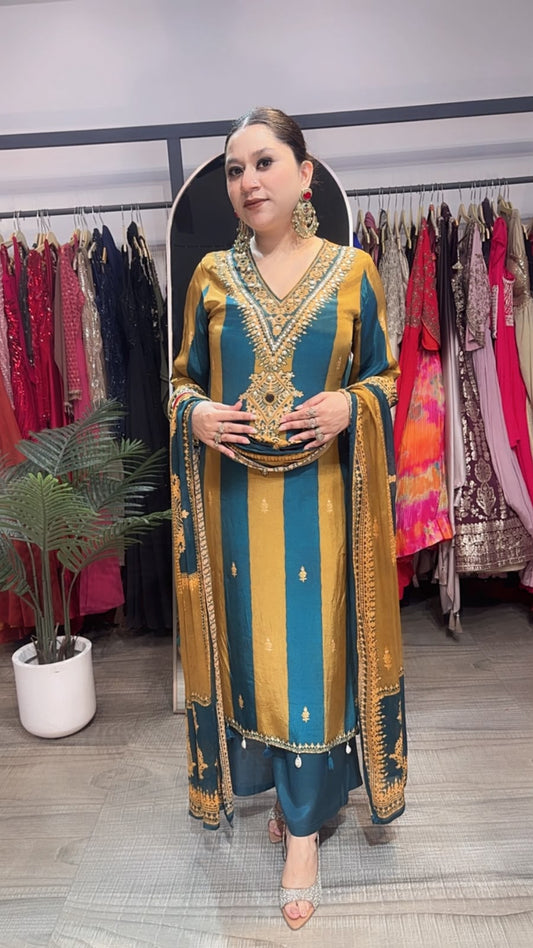 Masaladani Tealblue Musturd Designer Suit