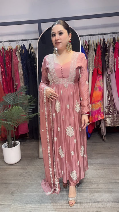 Anardana onion pink Embroidered Designer Anarkali Suit