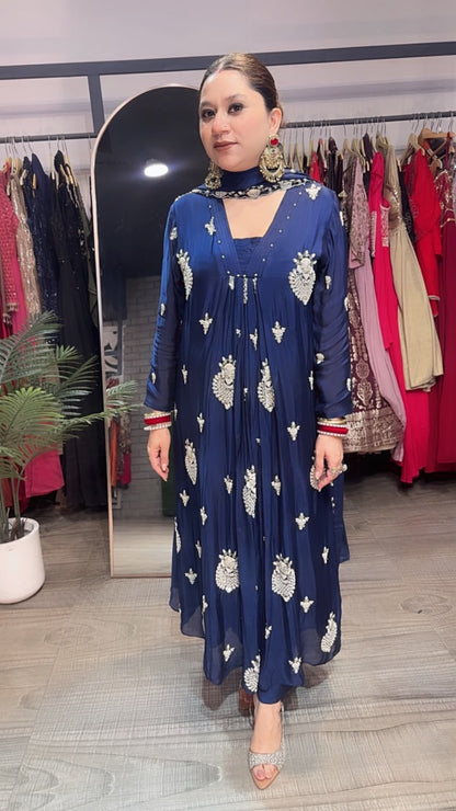 Trisha Navy Blue A-Aline pear work Designer Suit