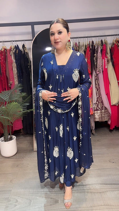 Trisha Navy Blue A-Aline pear work Designer Suit