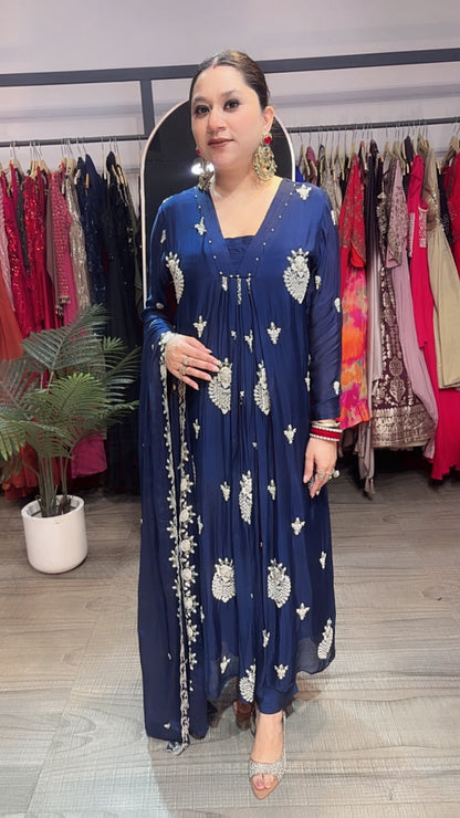 Trisha Navy Blue A-Aline pear work Designer Suit