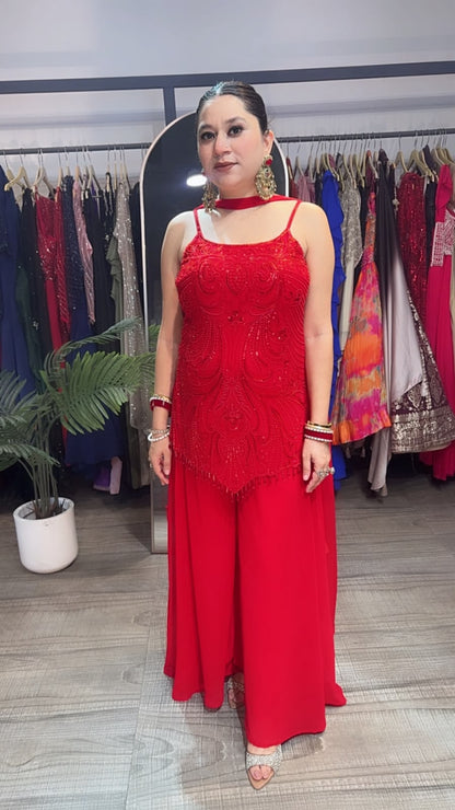 Mehar Karwa Red Katdana plazoo Set  (Sleeve Fabric Attached)