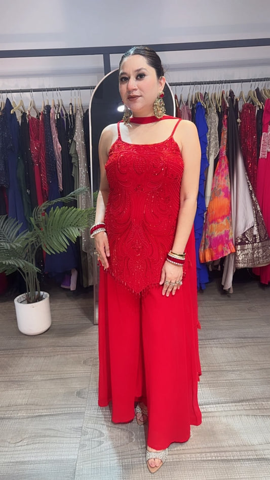 Mehar Karwa Red Katdana plazoo Set  (Sleeve Fabric Attached)