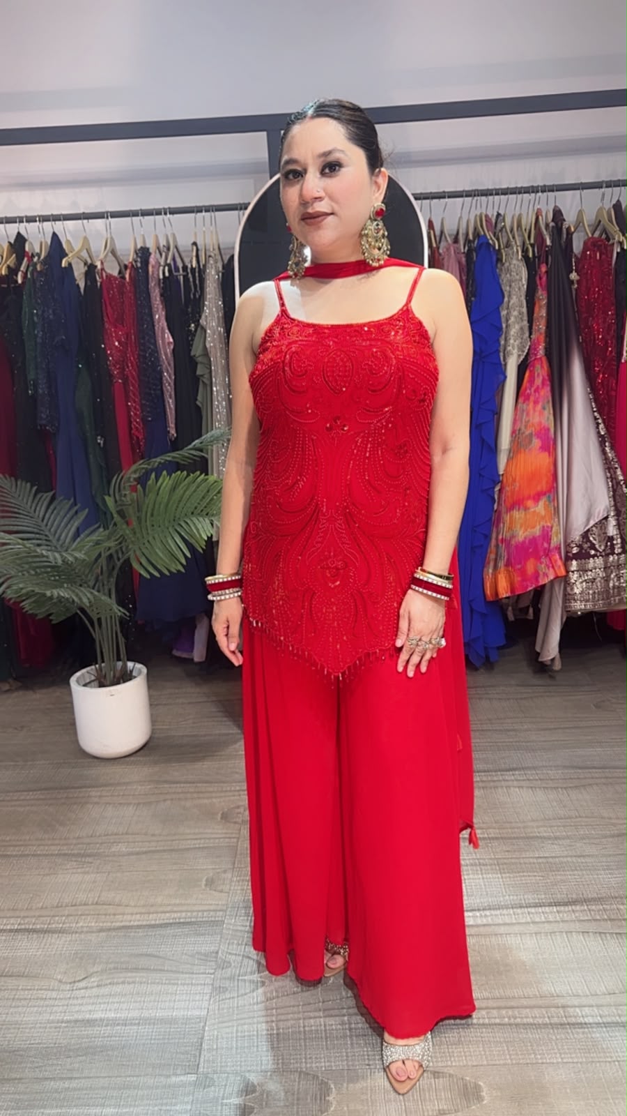 Mehar Karwa Red Katdana plazoo Set  (Sleeve Fabric Attached)