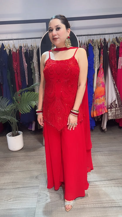 Mehar Karwa Red Katdana plazoo Set  (Sleeve Fabric Attached)