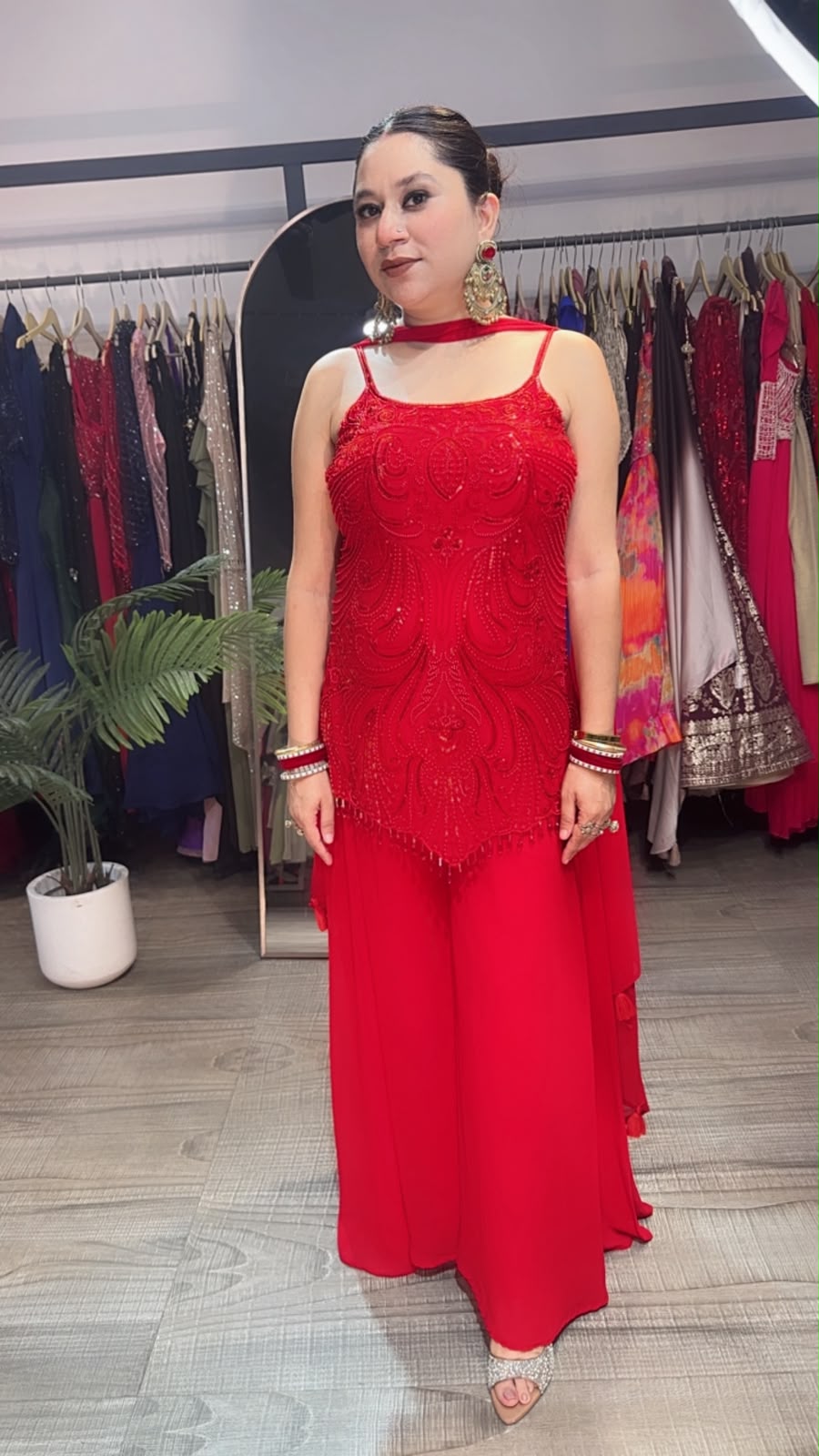 Mehar Karwa Red Katdana plazoo Set  (Sleeve Fabric Attached)