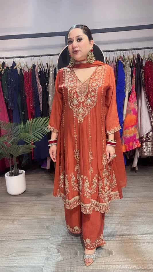 Jhumar Rust Hand work Designer peplum Suit
