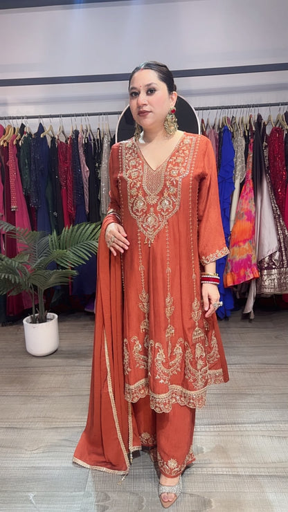Jhumar Rust Hand work Designer peplum Suit