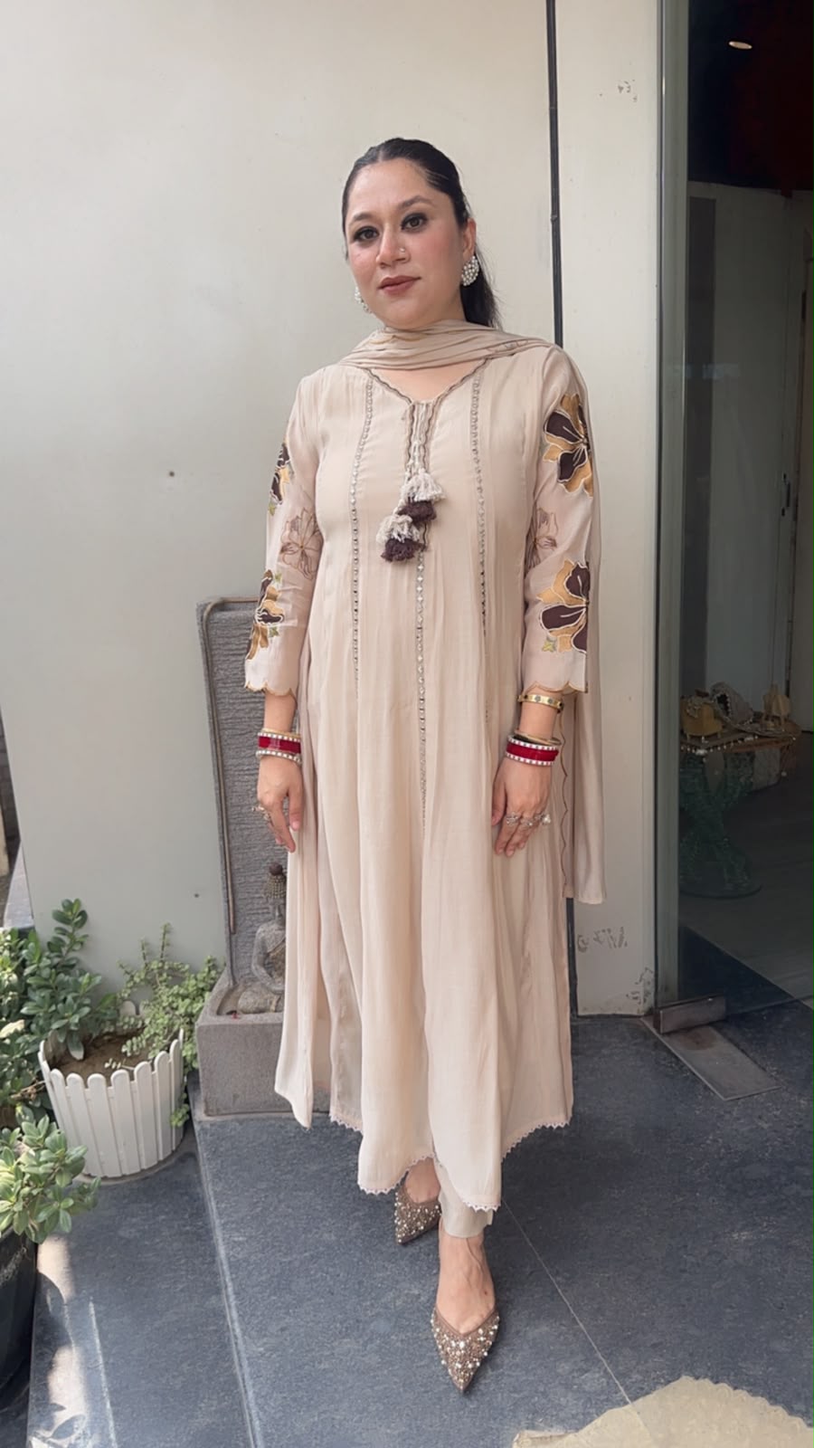 Rehmat Beige Thread work Designer Anarkali