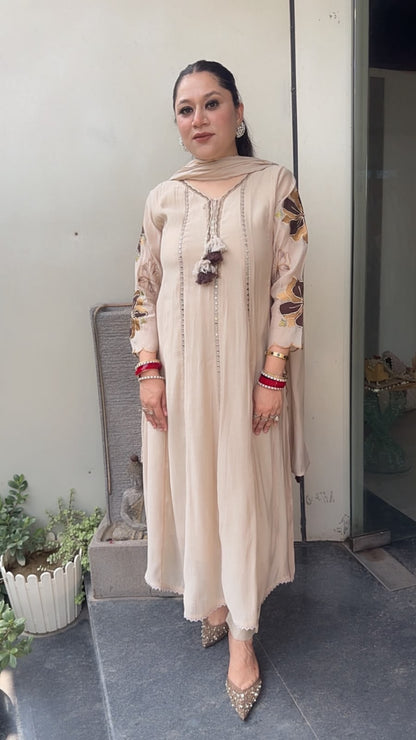 Rehmat Beige Thread work Designer Anarkali