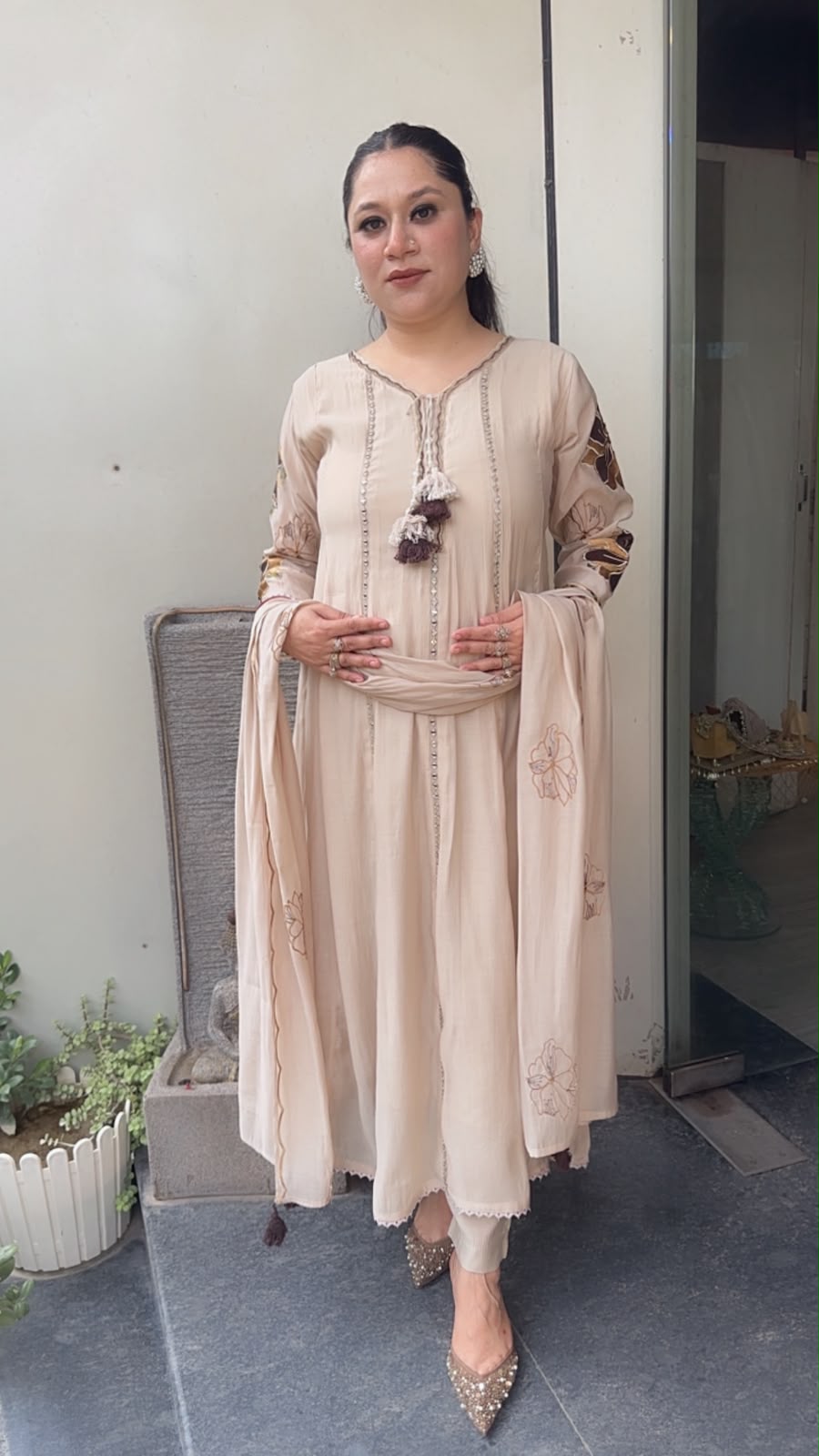Rehmat Beige Thread work Designer Anarkali
