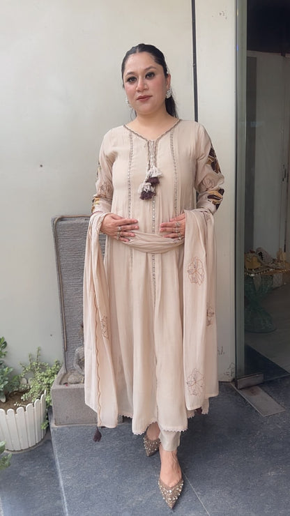 Rehmat Beige Thread work Designer Anarkali