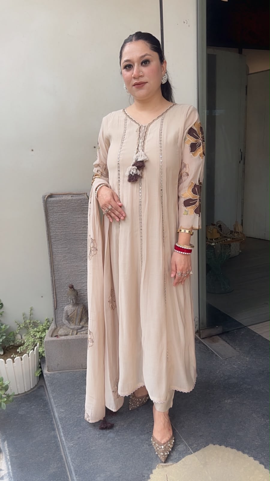 Rehmat Beige Thread work Designer Anarkali