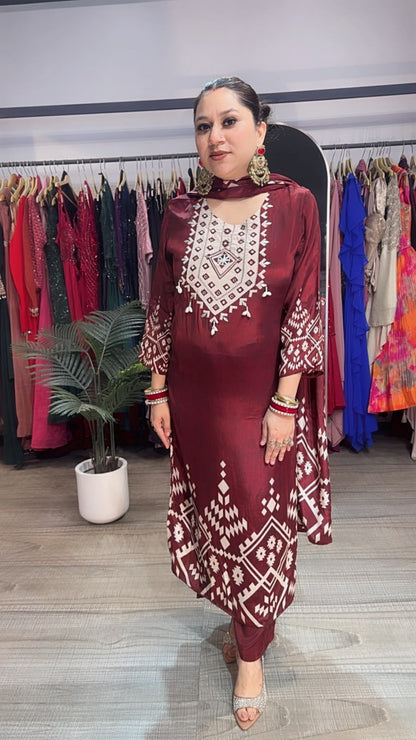 Zeebo Mahroon Digital print Designer Suit