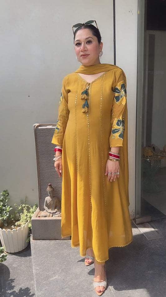Rehmat Musturd Thread work Designer Anarkali